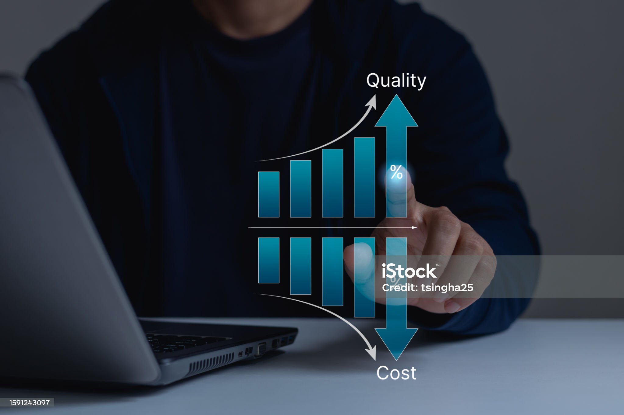 Control Quality and cost optimization for products or services to improve customer satisfaction, enhance company performance. Businessmen touching concept. Successful corporate strategy, management.